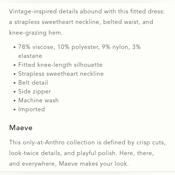 Anthropologie Maeve Strapless Sweetheart Vintage Style Fitted Midi Dress - Picture 5 of 5